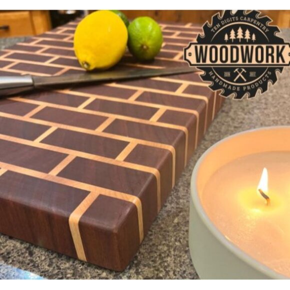 Handmade Mahogany & Maple Wooden Brick Pattern Cutting Board With Juice Groove - Picture 7 of 9